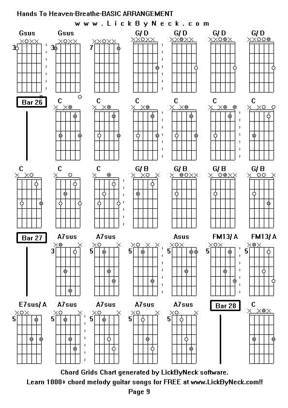 Chord Grids Chart of chord melody fingerstyle guitar song-Hands To Heaven-Breathe-BASIC ARRANGEMENT,generated by LickByNeck software.